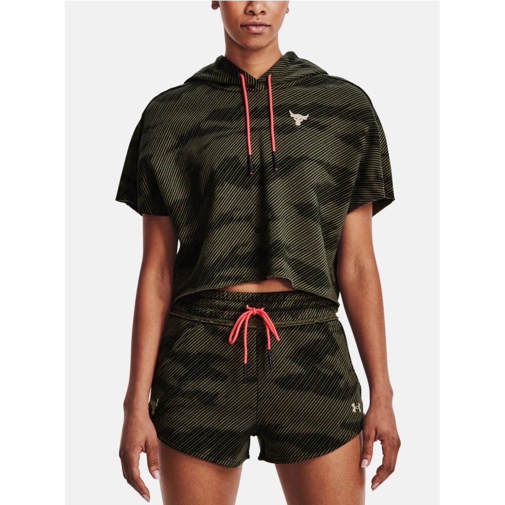 Under Armour Project Rock Short Sleeve Print Hoodie, Women's, S‎ Baroque Green